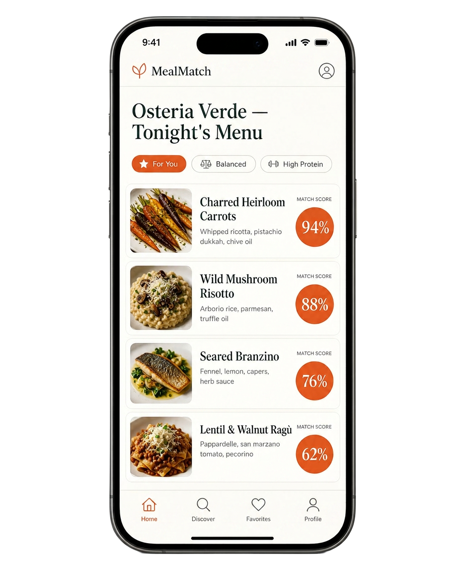 MealMatch app showing a restaurant menu with personal match scores for each dish